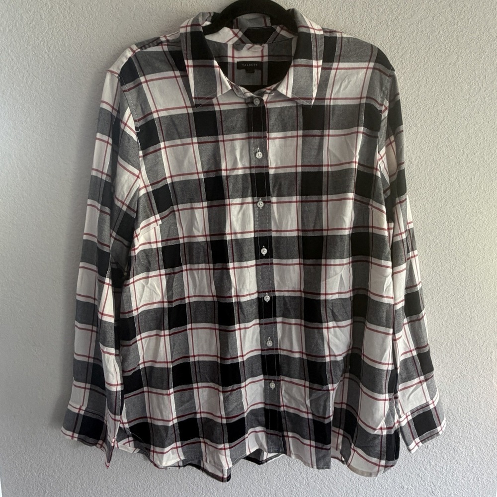 Talbots Woman Plaid Shirt Top Womens XL Black Red Popover Preppy
